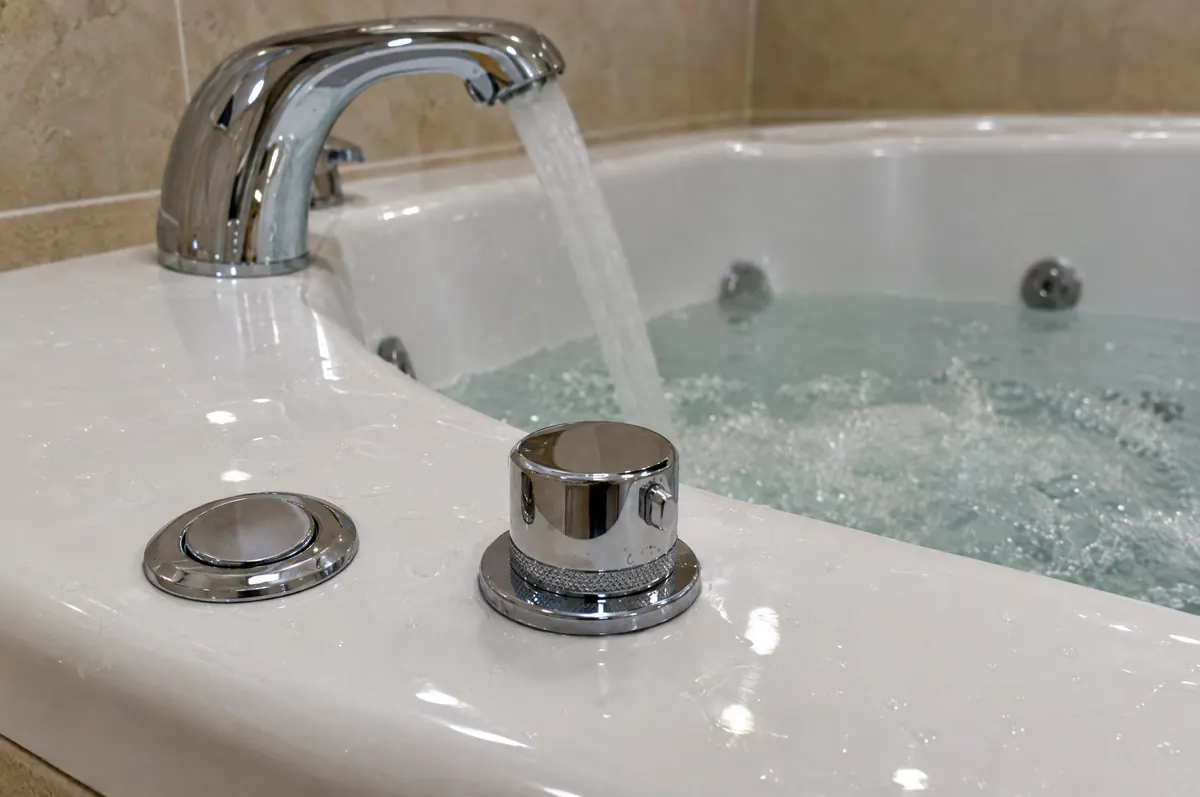Illustration: the round on/off air button and air knob on the rim of a whirlpool tub