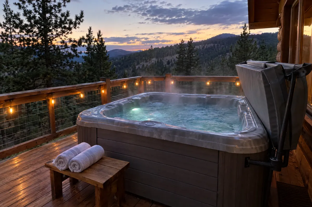 Illustration: a private hot tub on a cabin deck at dusk with its cover folded back