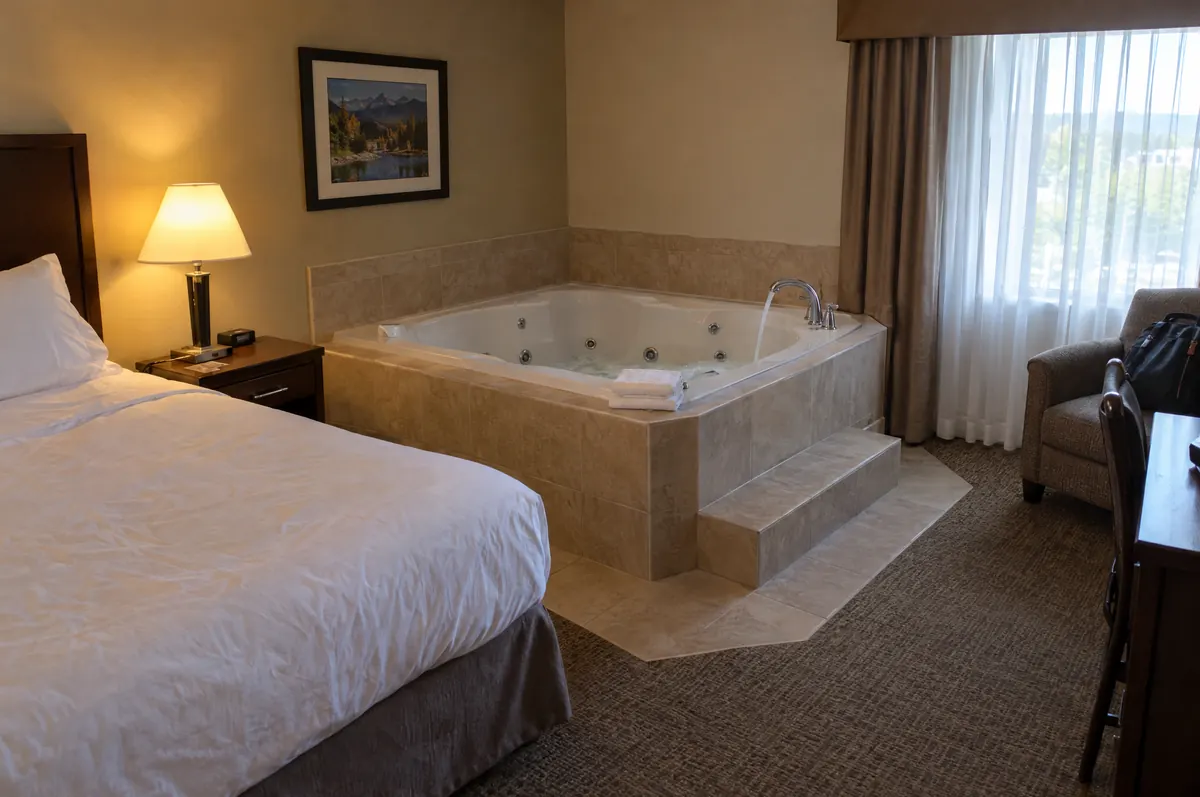 Illustration: a two-person whirlpool tub on a tiled platform beside the bed in a hotel room