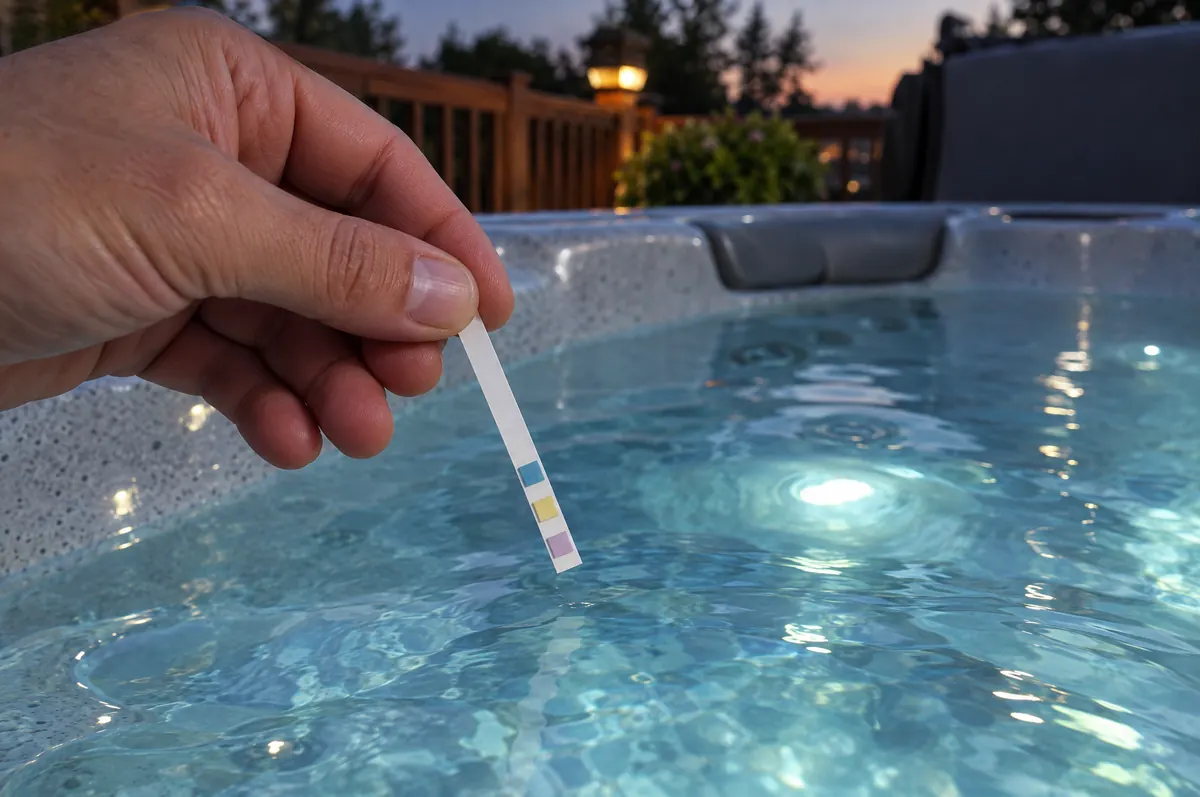 Illustration: a hand holding a water test strip over a hot tub