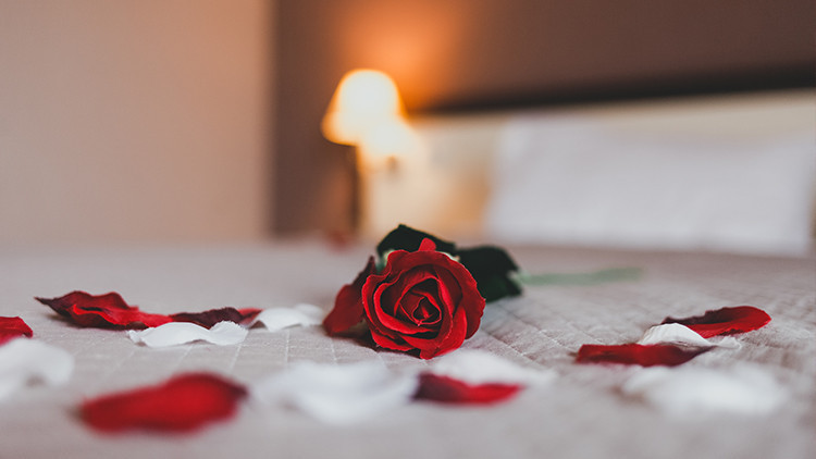 Red rose petals arranged on a hotel bed, creating a simple romantic setup for couples