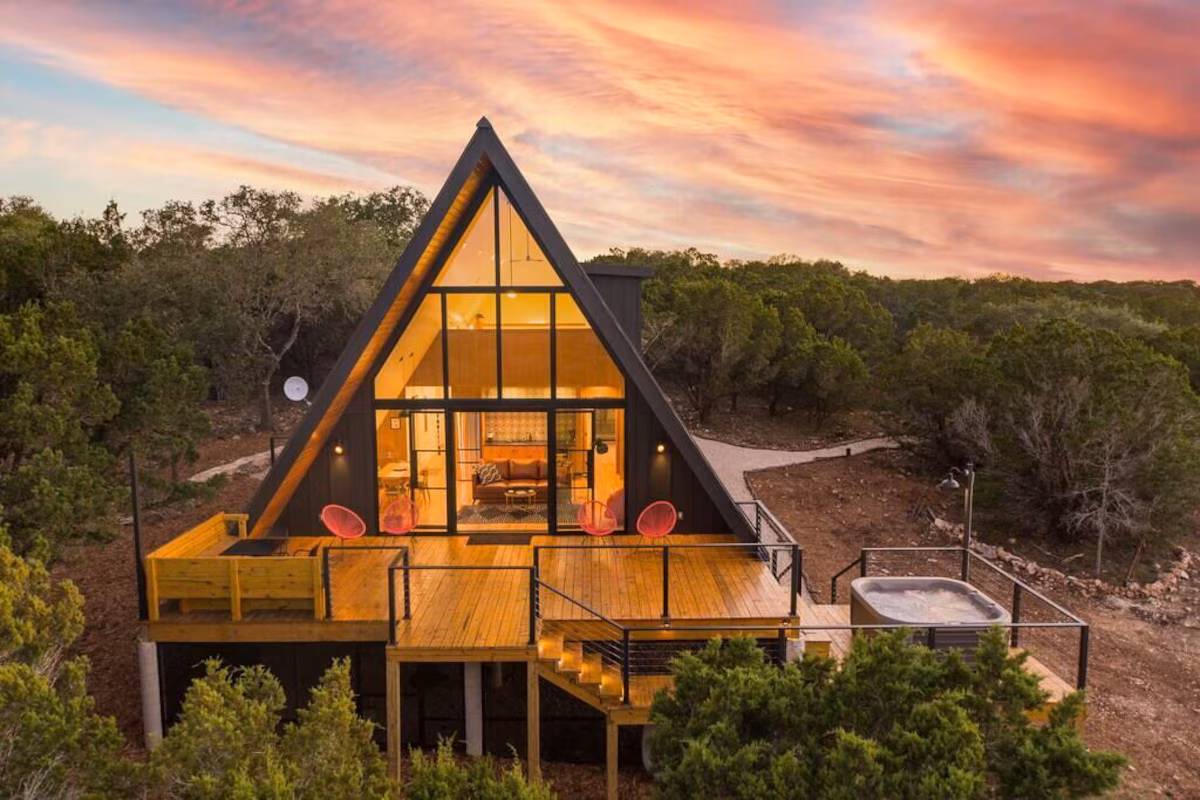 Modern Aframe Tucked in Nature, cabin with a private hot tub, photo 2