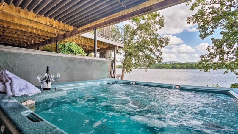 Lakefront Hot Springs Home, cabin with a private hot tub, photo 1