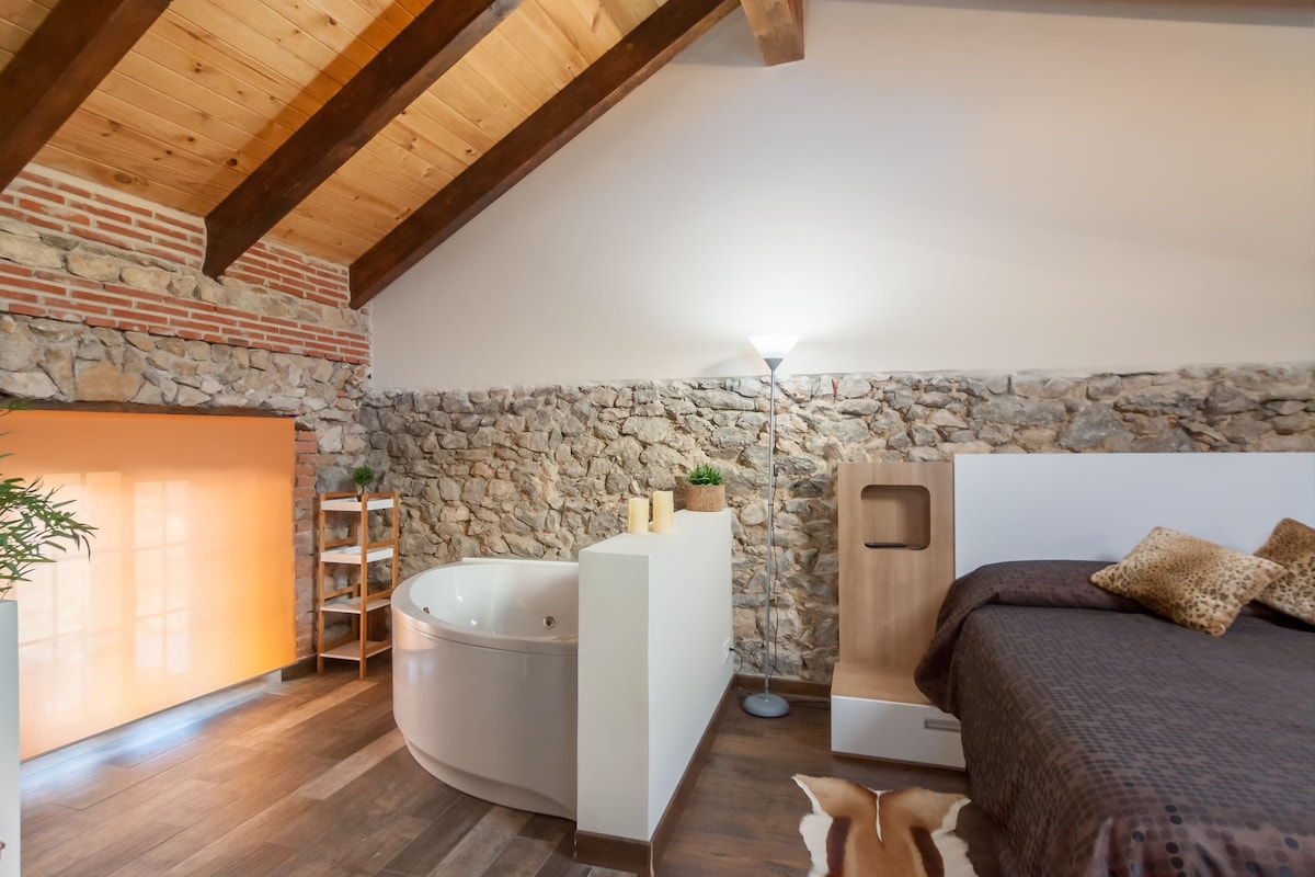 Modernidad y Tradicion se Fusionan en Este Estudio en Santander, habitación con jacuzzi privado
