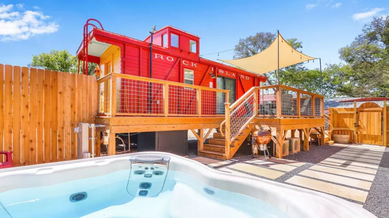 Chic Caboose in Wimberley Square, cabin with a private hot tub, photo 1