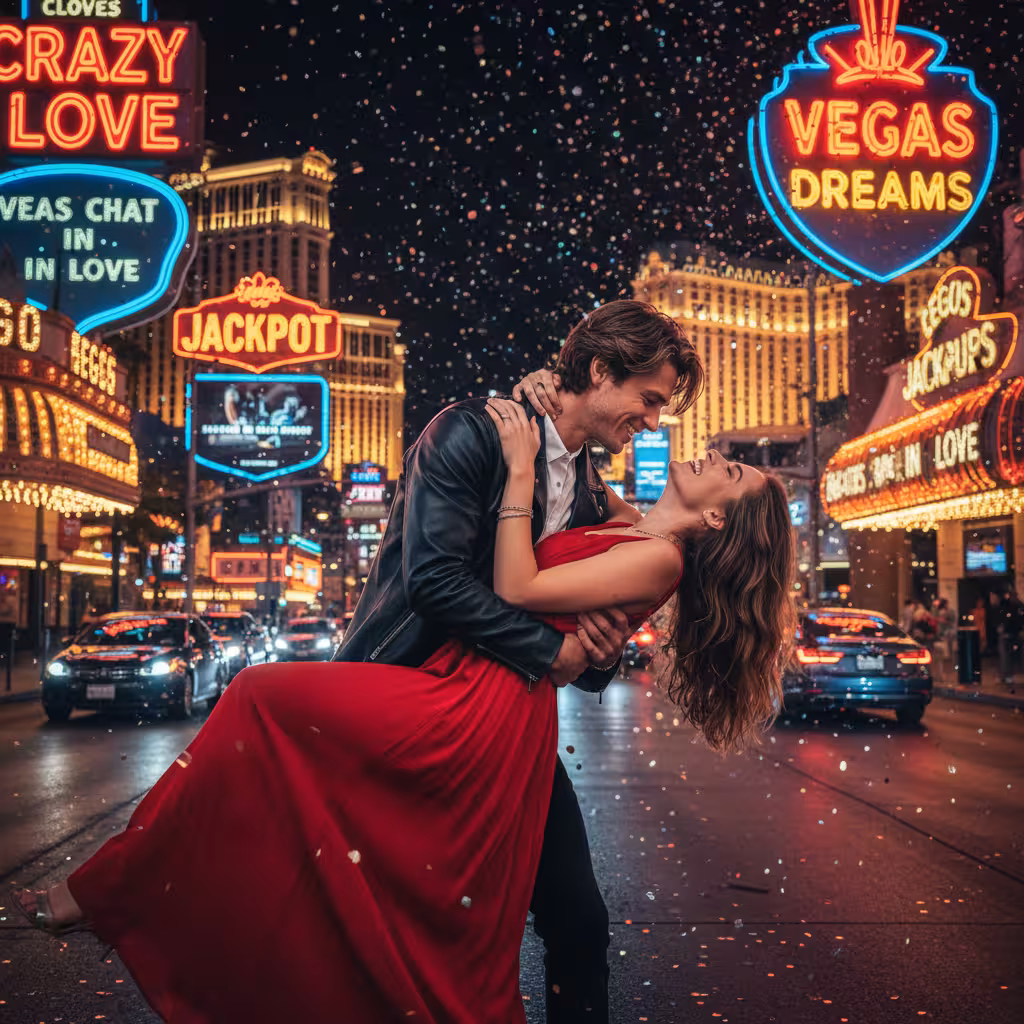 Romantic couple dancing on the Las Vegas Strip at night surrounded by neon casino lights