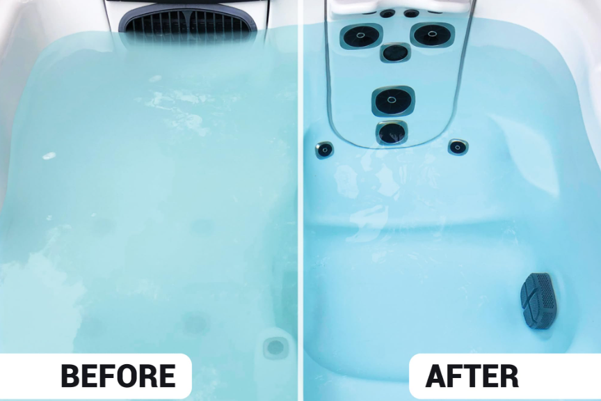 clear hot tub water versus cloudy or foamy water Cloudy hot tub water before cleaning compared to clear water after treatment